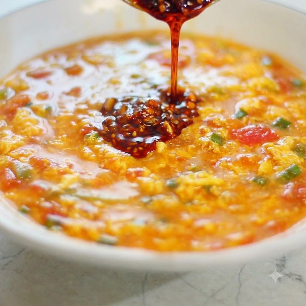 Dunkles, aromatisches Chiliöl wird mit einem Löffel aus einem Gefäß in eine lebendige Tomaten-Ei-Soße geschöpft und gegossen.