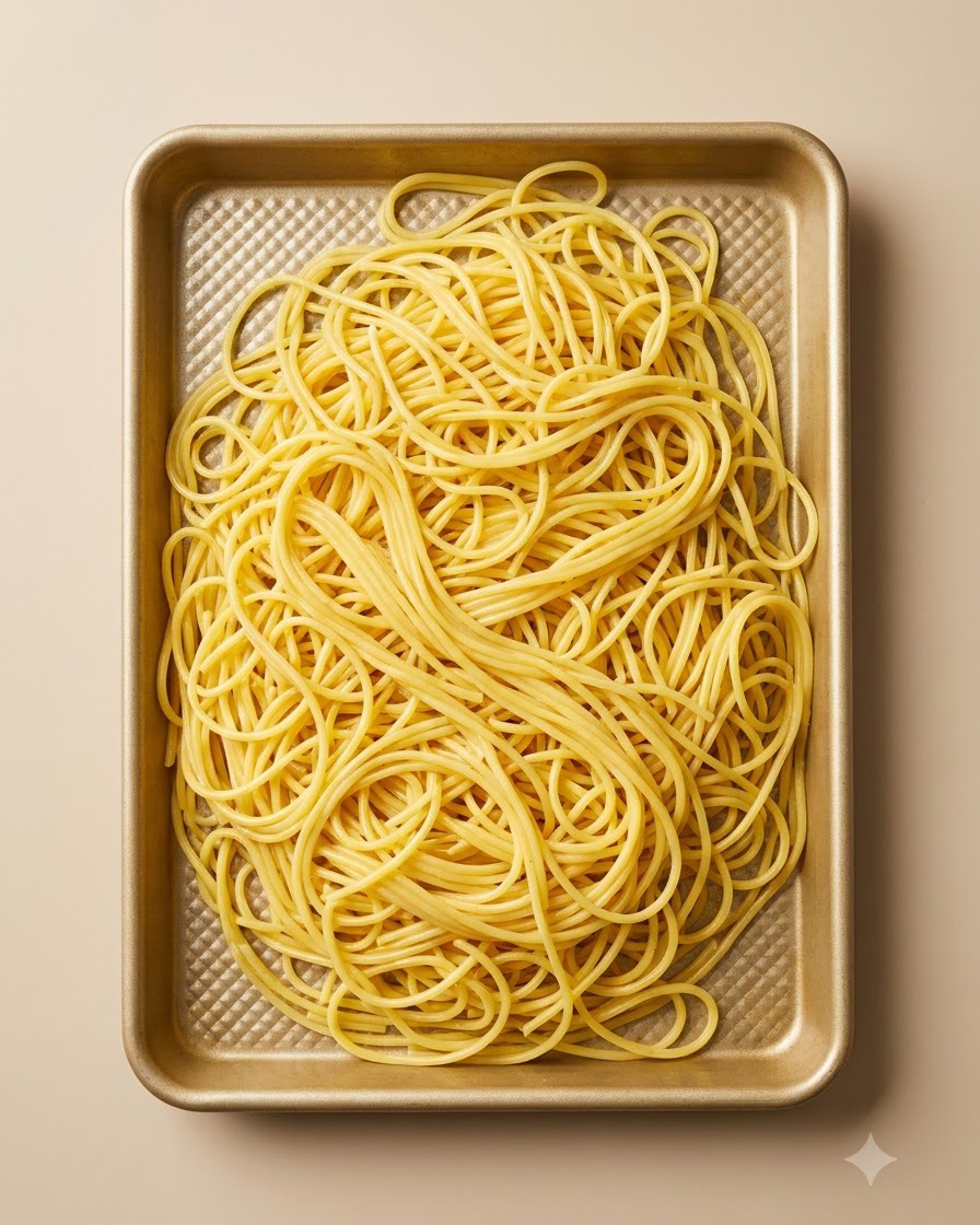 Gekochte spaghettiförmige Nudeln ausgebreitet auf einem goldenen Backblech nach dem Abgießen.