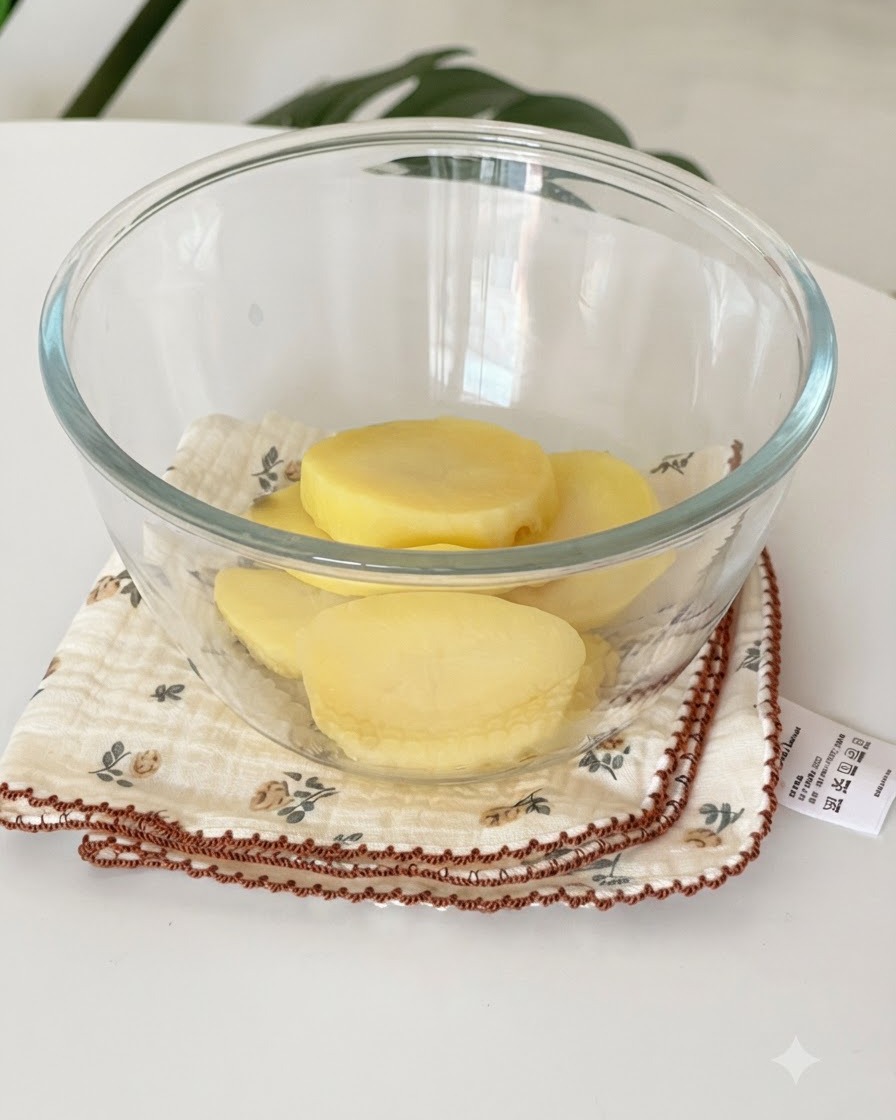 Scheiben gedämpfter gelber Kartoffeln in einer klaren Glasschüssel auf einem Tuch.