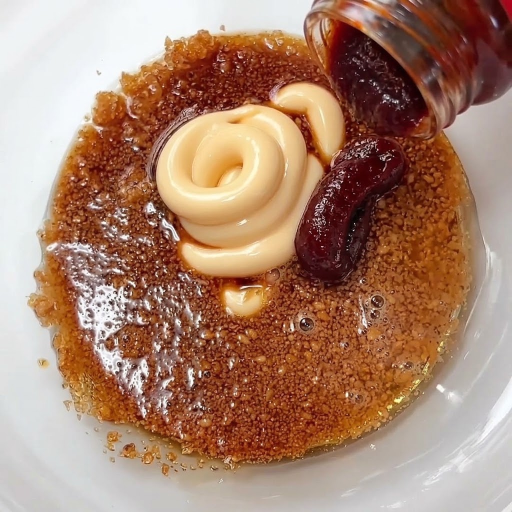 Mayonnaise und Gochujang-Paste liegen auf der Zucker- und Saucenmischung in einer Glasschüssel.