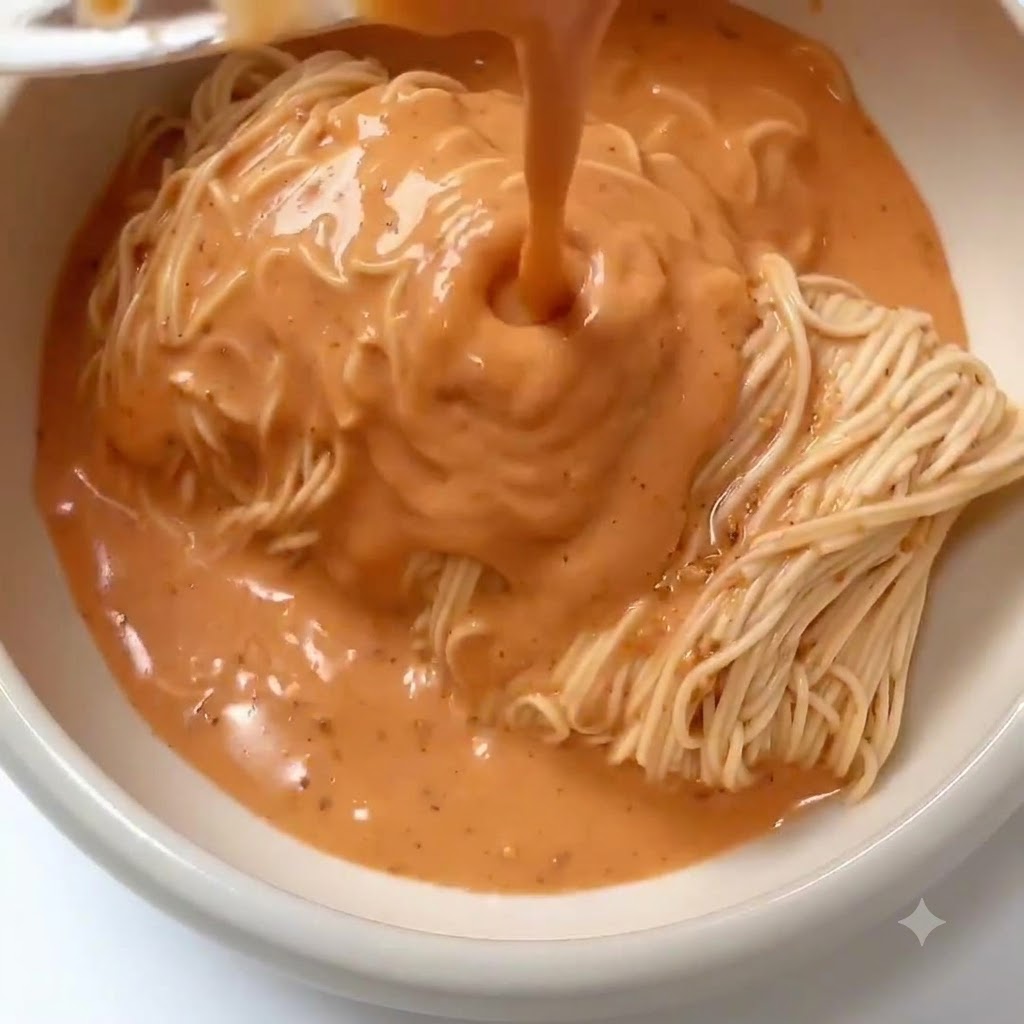 Glühende, cremige, rötliche Sauce wird von oben auf die Nudeln in einer Servierschüssel gegossen.