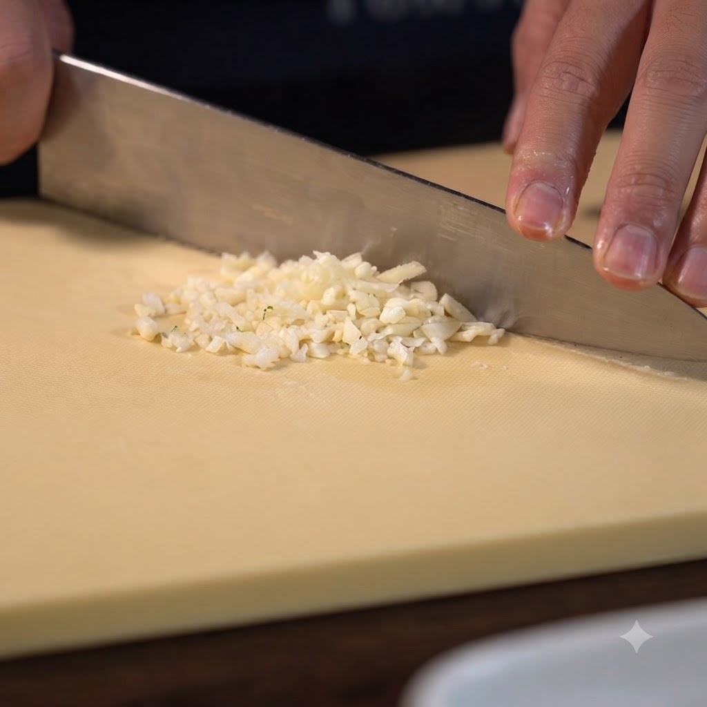 Eine Person hackt Knoblauchzehen mit einem Messer auf einem Schneidebrett.