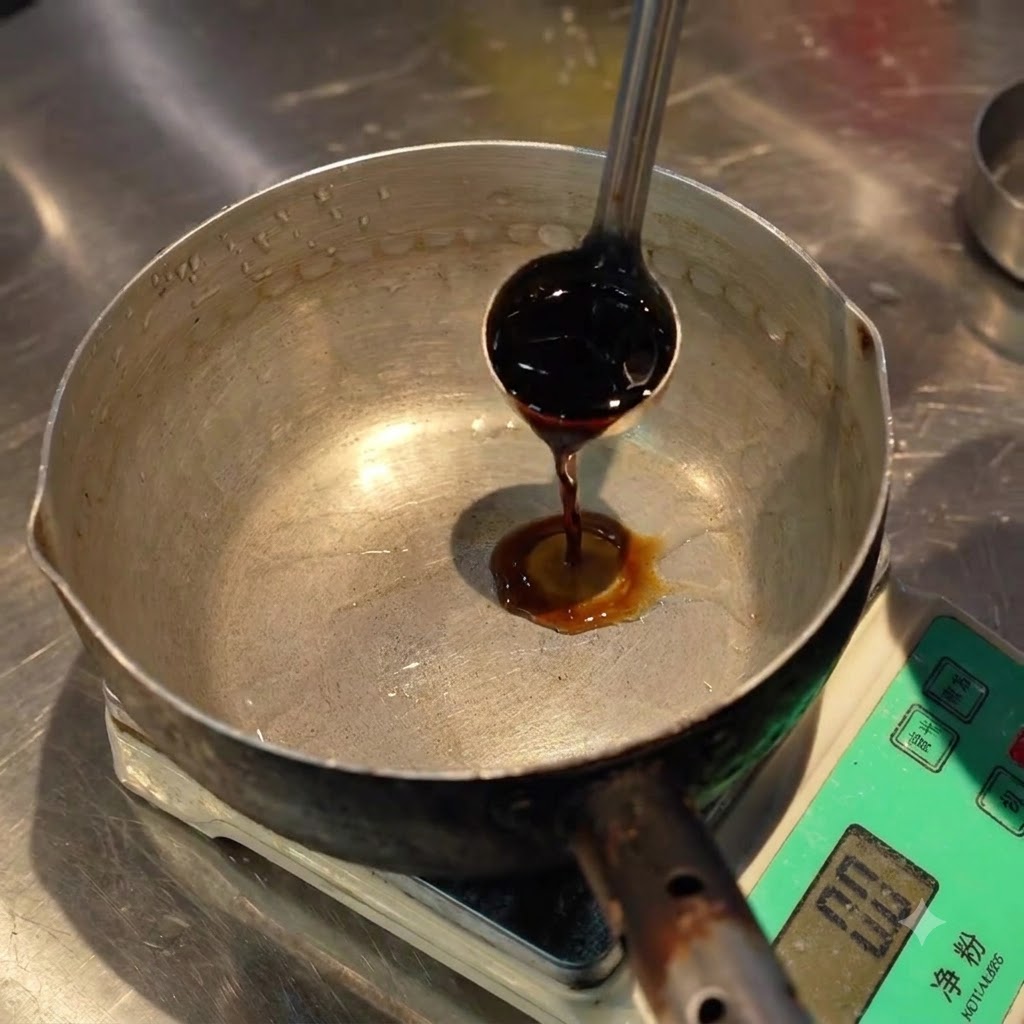Sojasauce wird in einen kleinen Metalltopf auf einer Küchenwaage gegossen.