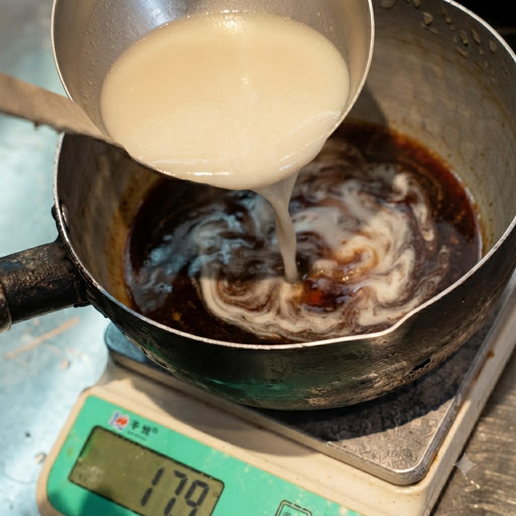 Knochenbrühe wird aus einer Schöpfkelle in den gewürzten Topf gegeben.