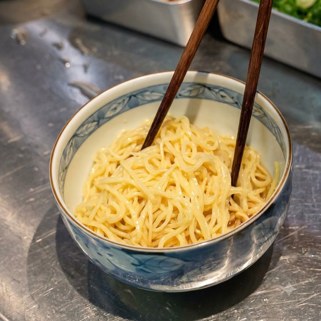 Stäbchen mischen Nudeln mit Sauce in einer gemusterten Keramikschüssel.
