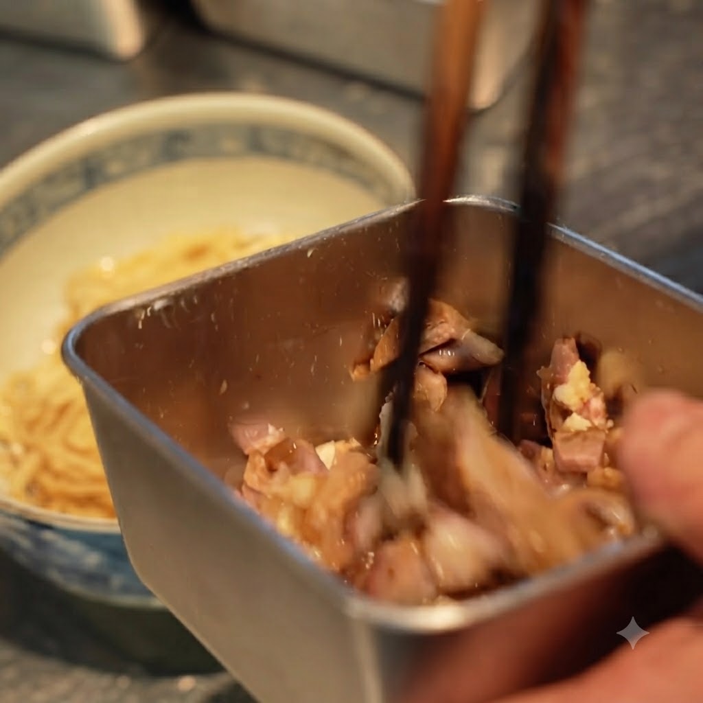 Stäbchen geben gewürfeltes Chashu-Fleisch auf die Nudeln in der Servierschüssel.
