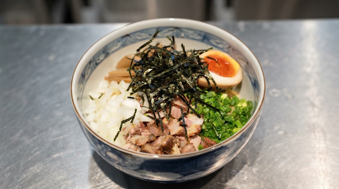 Eine Schüssel japanisches Mazesoba, getoppt mit gewürfeltem Chashu, Zwiebeln, Frühlingszwiebeln, Bambussprossen, weichgekochtem Ei und Noristreifen.