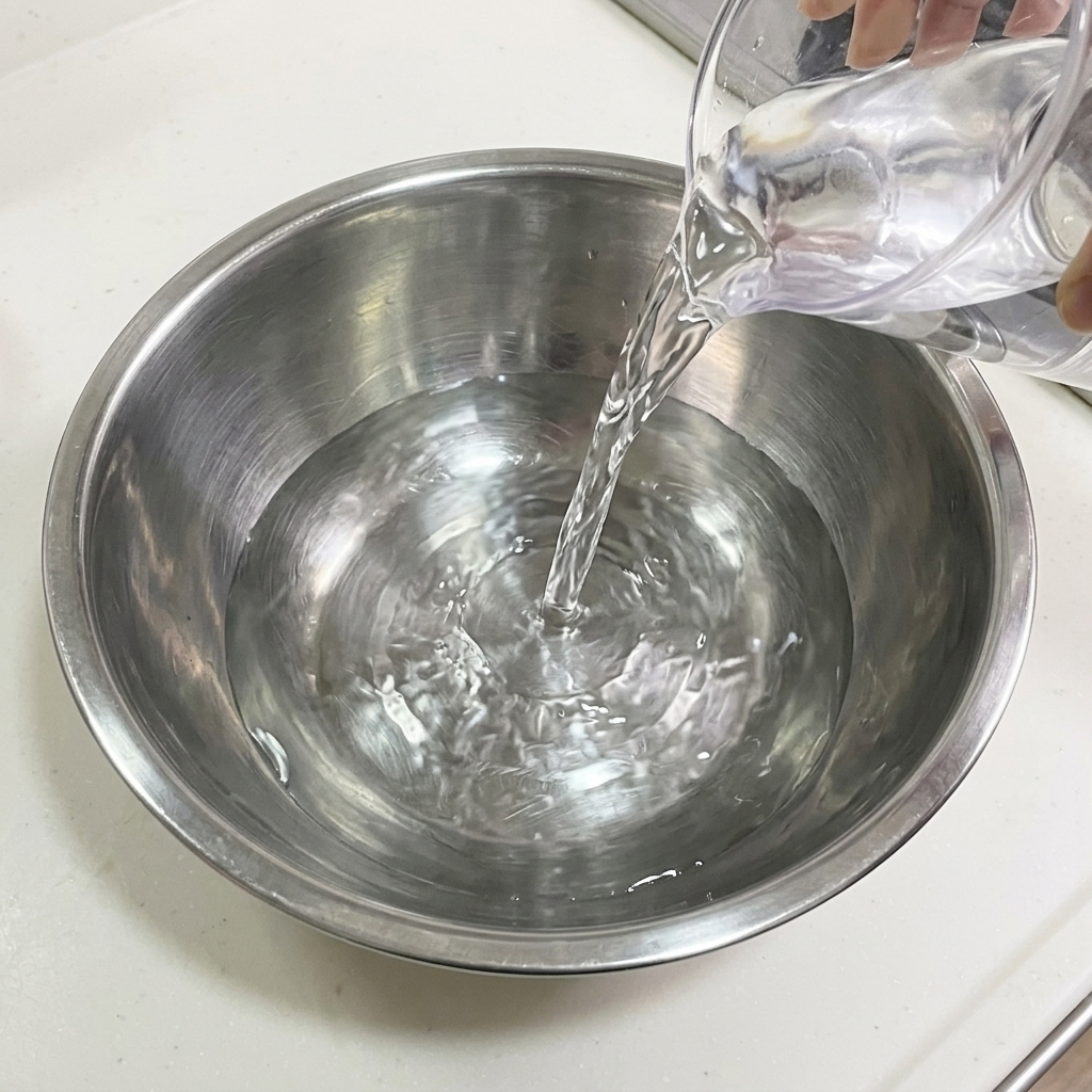 Wasser wird aus einem transparenten Messbecher in eine Edelstahlschüssel gegossen.