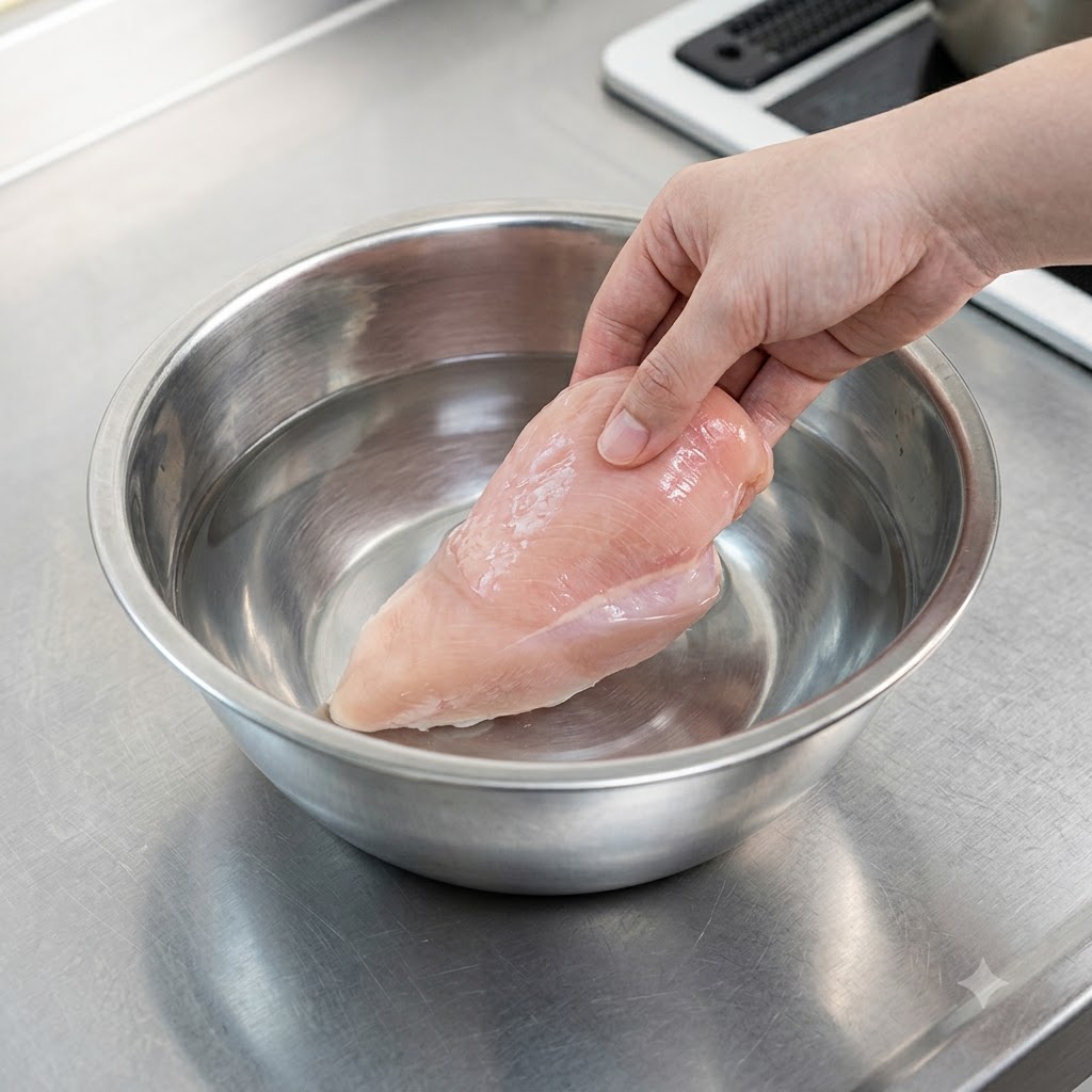 Eine Hand senkt vorsichtig ein Stück rohe Hähnchenbrust in eine Wasserschüssel.