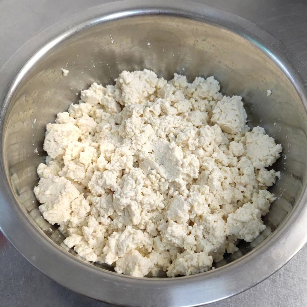 Zerkrümelter weißer fester Tofu füllt den Boden einer Edelstahlschüssel.