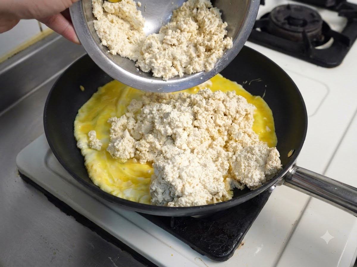 Eine Metallschüssel gießt zerkrümelten weißen Tofu über gelbe Rühreier in einer schwarzen Bratpfanne.