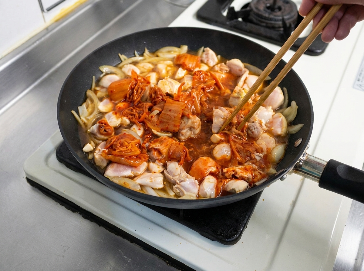 Kimchi wird mit Holzstäbchen in die köchelnde Hähnchen-Zwiebel-Brühe gemischt.