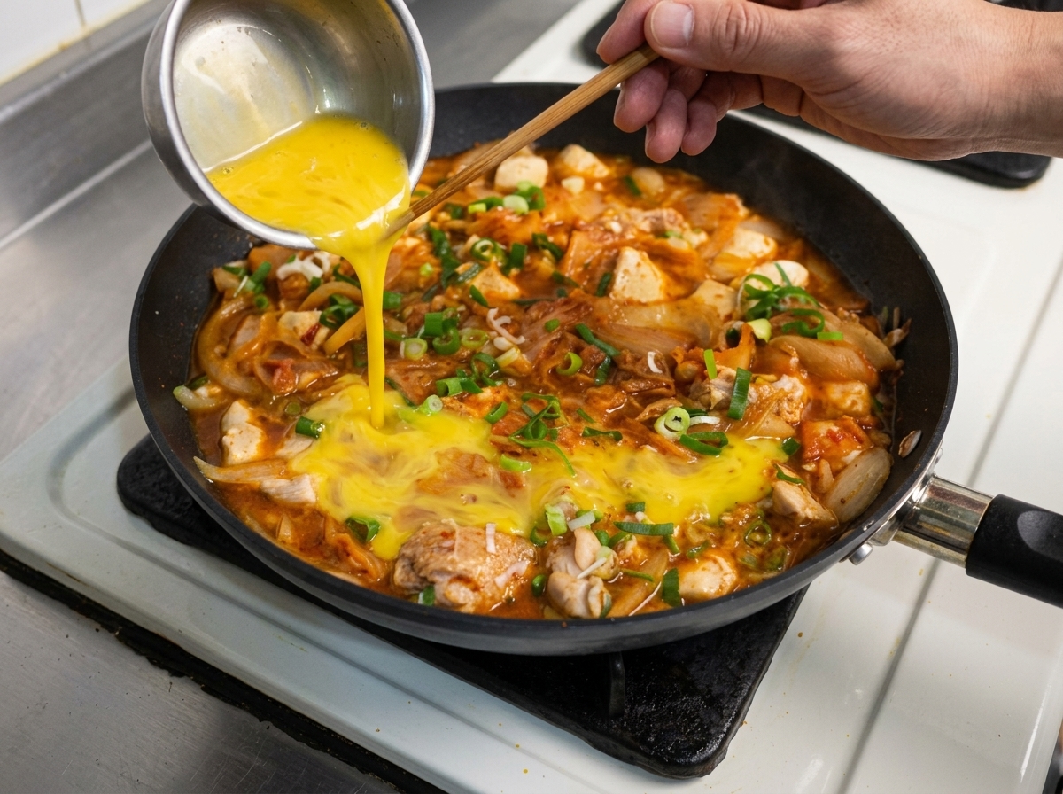 Eine kleine Metallschüssel gießt verquirlte gelbe Eier über köchelndes Hähnchen, Kimchi und Zwiebeln in einer schwarzen Pfanne.
