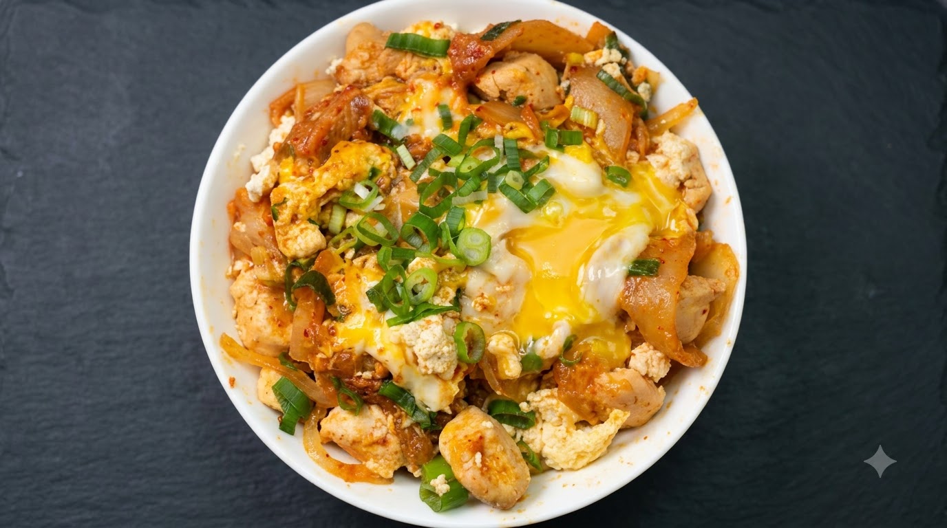 Eine Nahaufnahme des stärkefreien Kimchi-Hähnchen-Oyakodons in einer weißen Schüssel, mit fluffig zerkrümeltem Tofu, zartem Hähnchen, pikantem Kimchi und weich gestockten Eiern, garniert mit Frühlingszwiebeln.