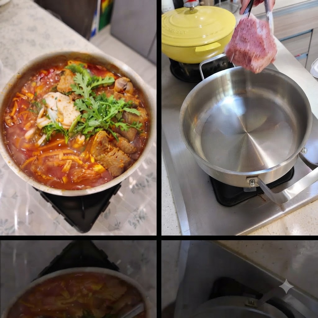 Schweinefleischstücke, Ingwerscheiben und grüne Frühlingszwiebeln in einer Edelstahlpfanne.