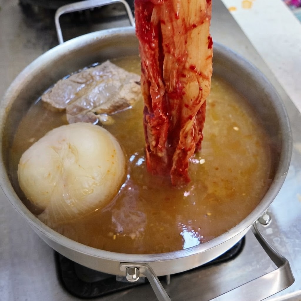Ein langer Strang rotes fermentiertes Kimchi wird in eine köchelnde Brühe gegeben.