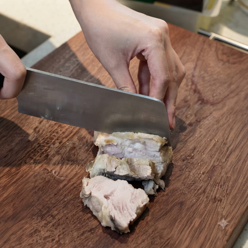 Gekochtes Schweinefleisch wird mit einem Küchenmesser auf einem Holzbrett in ordentliche Scheiben geschnitten.
