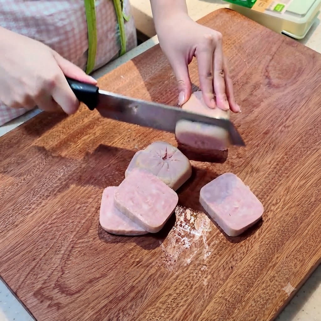 Frühstücksfleisch und weicher Tofu werden auf einem Holzschneidebrett in Portionen geschnitten.