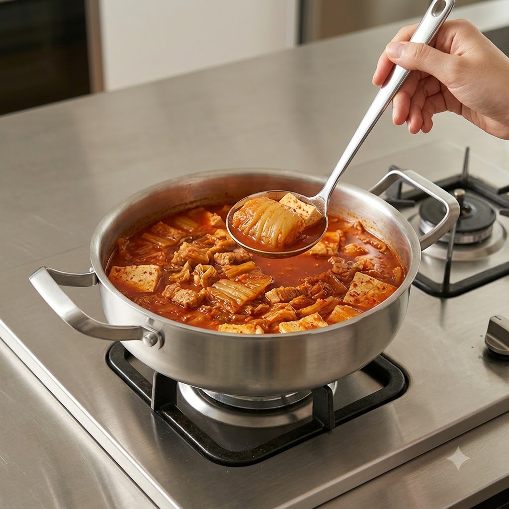 Scharfer Chinakohl wird mit einer Küchenschere direkt im Hot Pot in kleine Stücke geschnitten.
