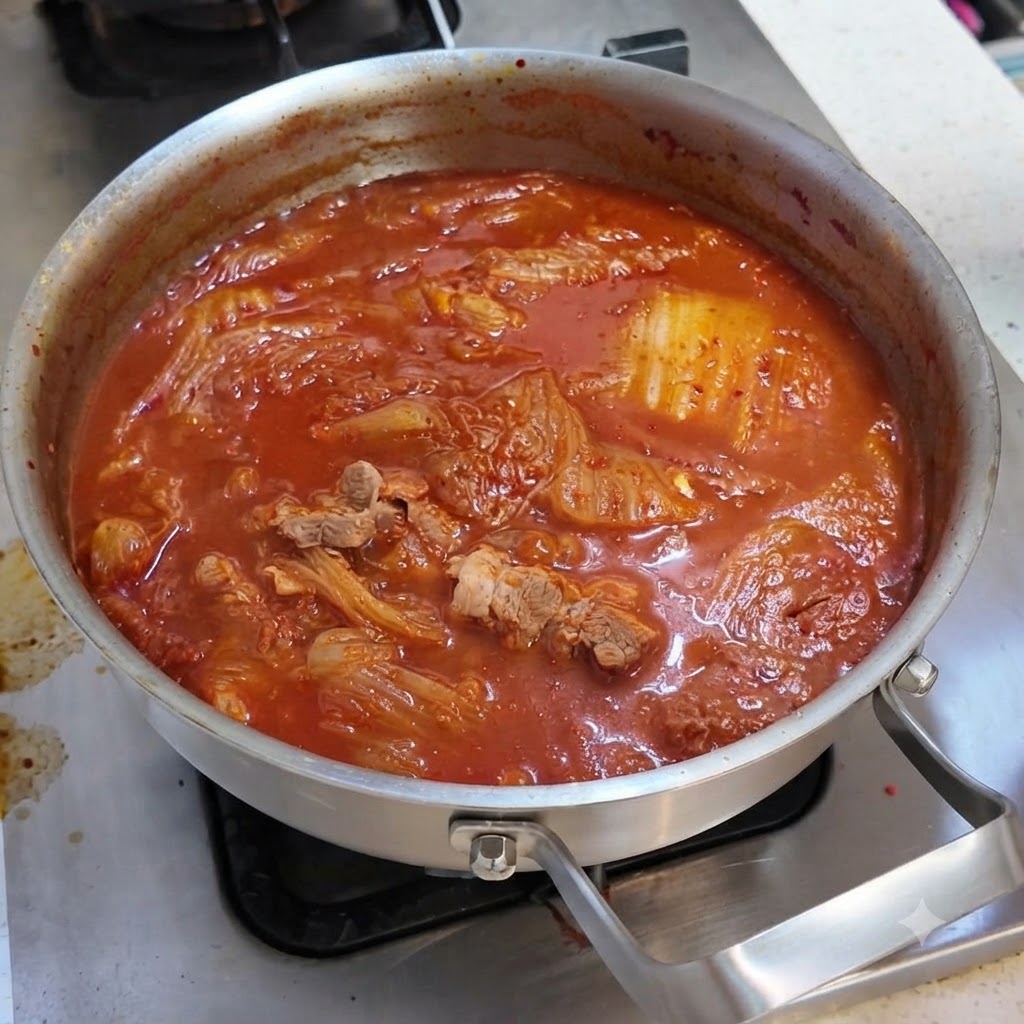 Scheiben von gekochtem Schweinefleisch, Frühstücksfleisch und weichem Tofu sind säuberlich in der köchelnden roten Kimchi-Brühe aufgereiht.