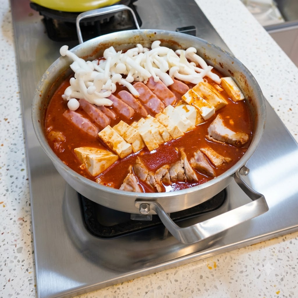 Frische weiße Pilze werden auf die geschichteten Tofu-, Fleisch- und Kimchi-Zutaten im Hot Pot gelegt.