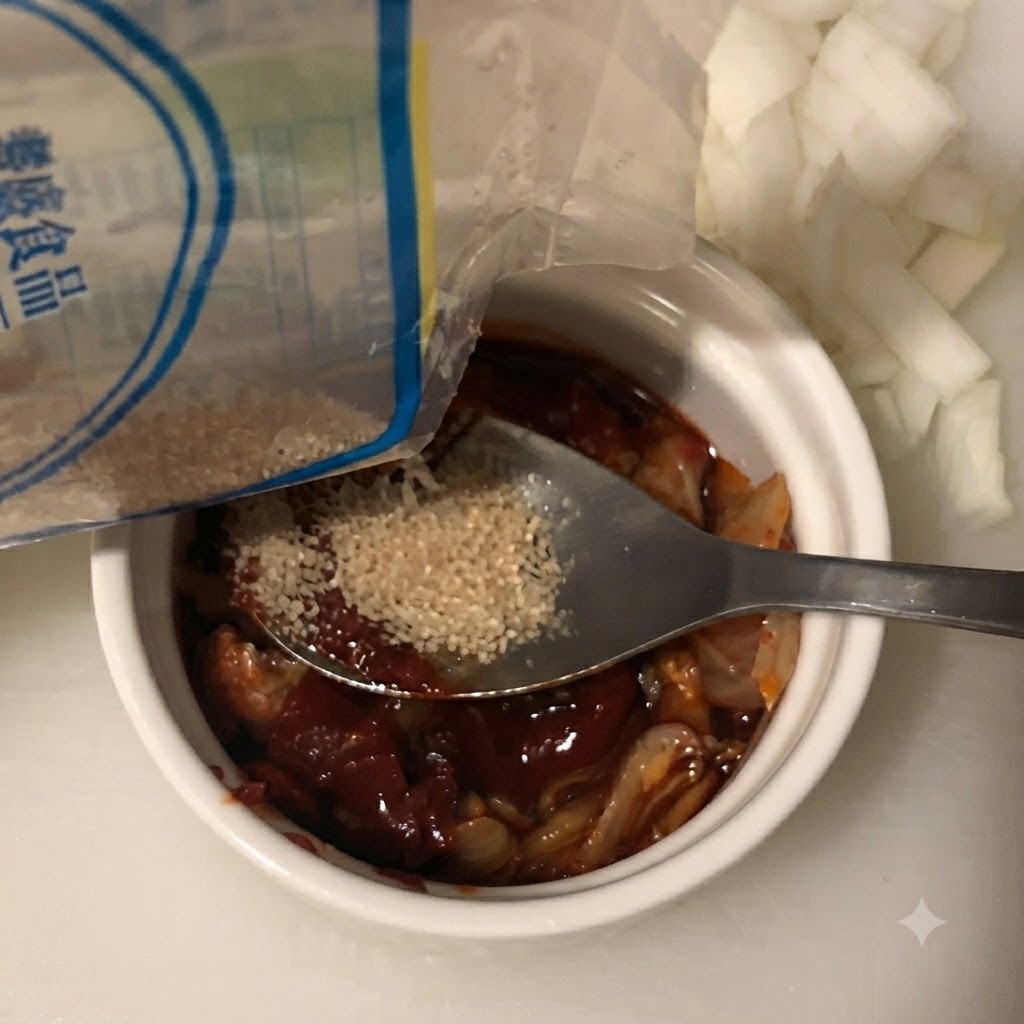 Weißer Zucker wird aus einer Tüte in die Schüssel mit den Soßenzutaten gestreut.