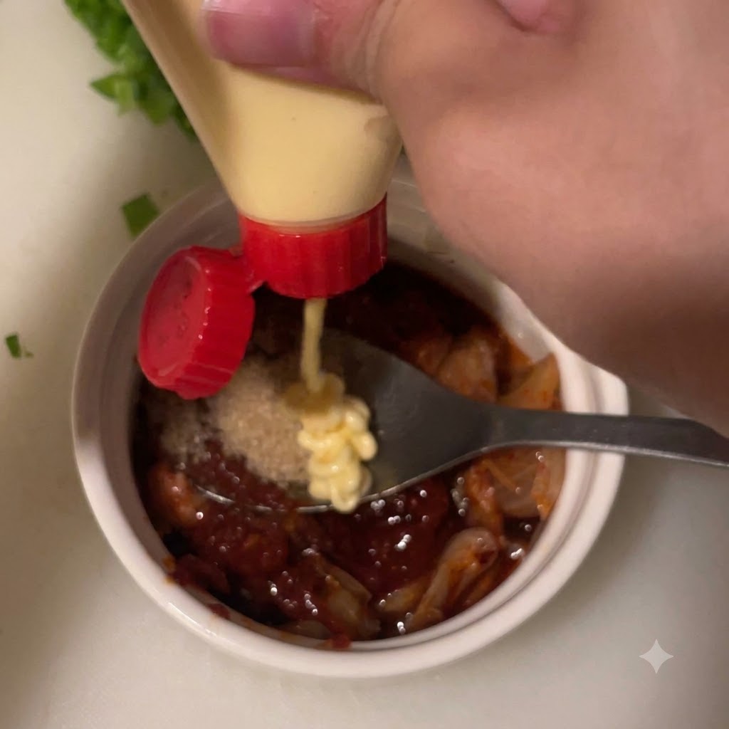 Mayonnaise wird aus einer Flasche auf die Soßenmischung in einer kleinen weißen Schüssel gedrückt.