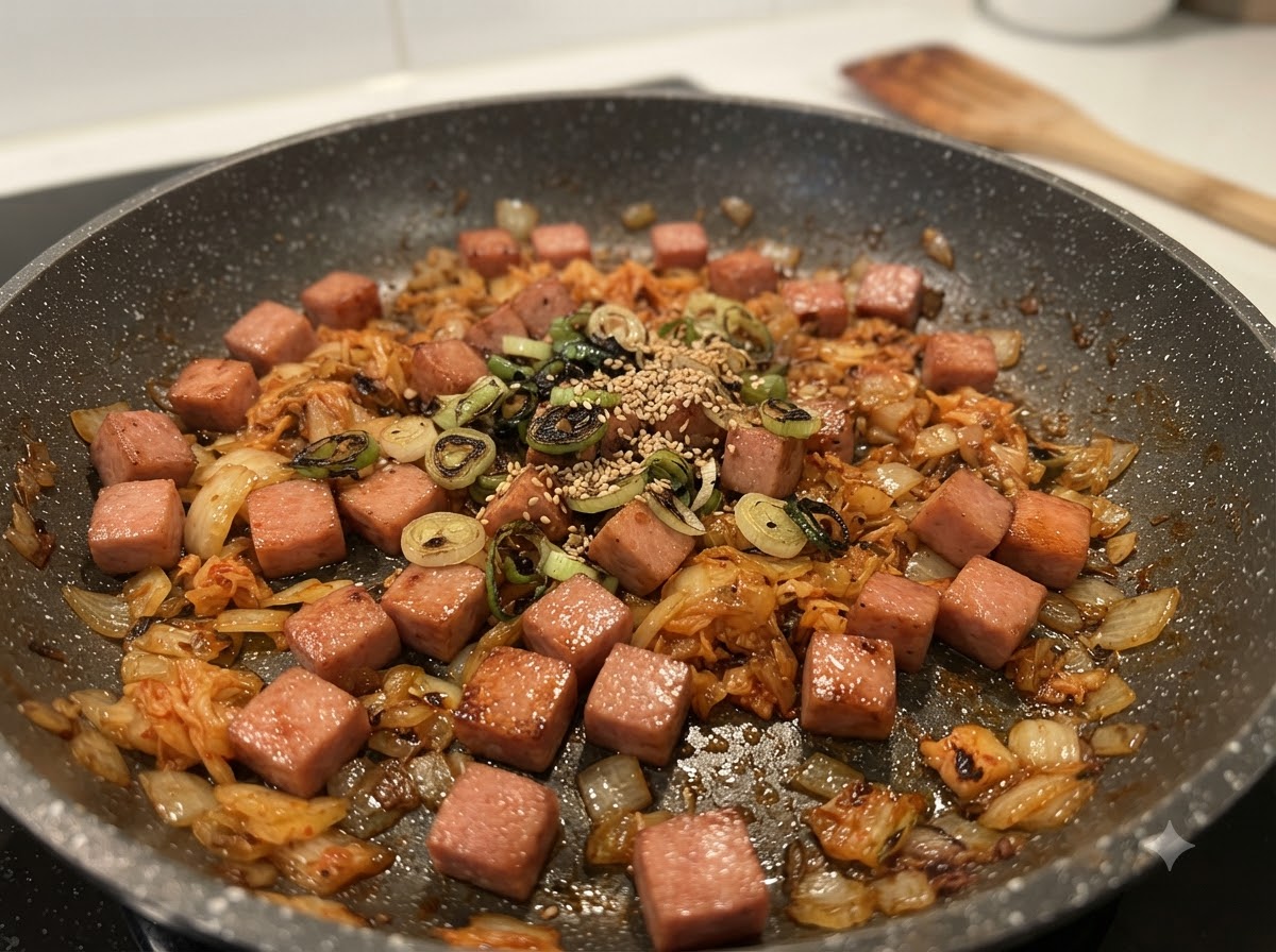 Knuspriger gewürfelter Spam und Zwiebeln vermischt in einer großen dunklen Bratpfanne mit Sesamsamen oben drauf.