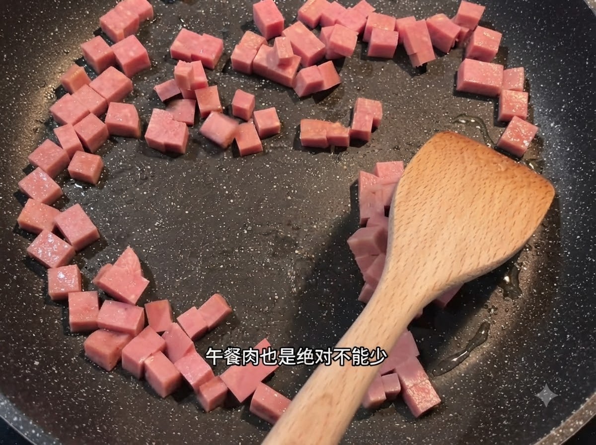 Ein Holzlöffel rührt rosa Spam-Würfel um, die in einer dunklen Bratpfanne mit Öl verteilt sind.