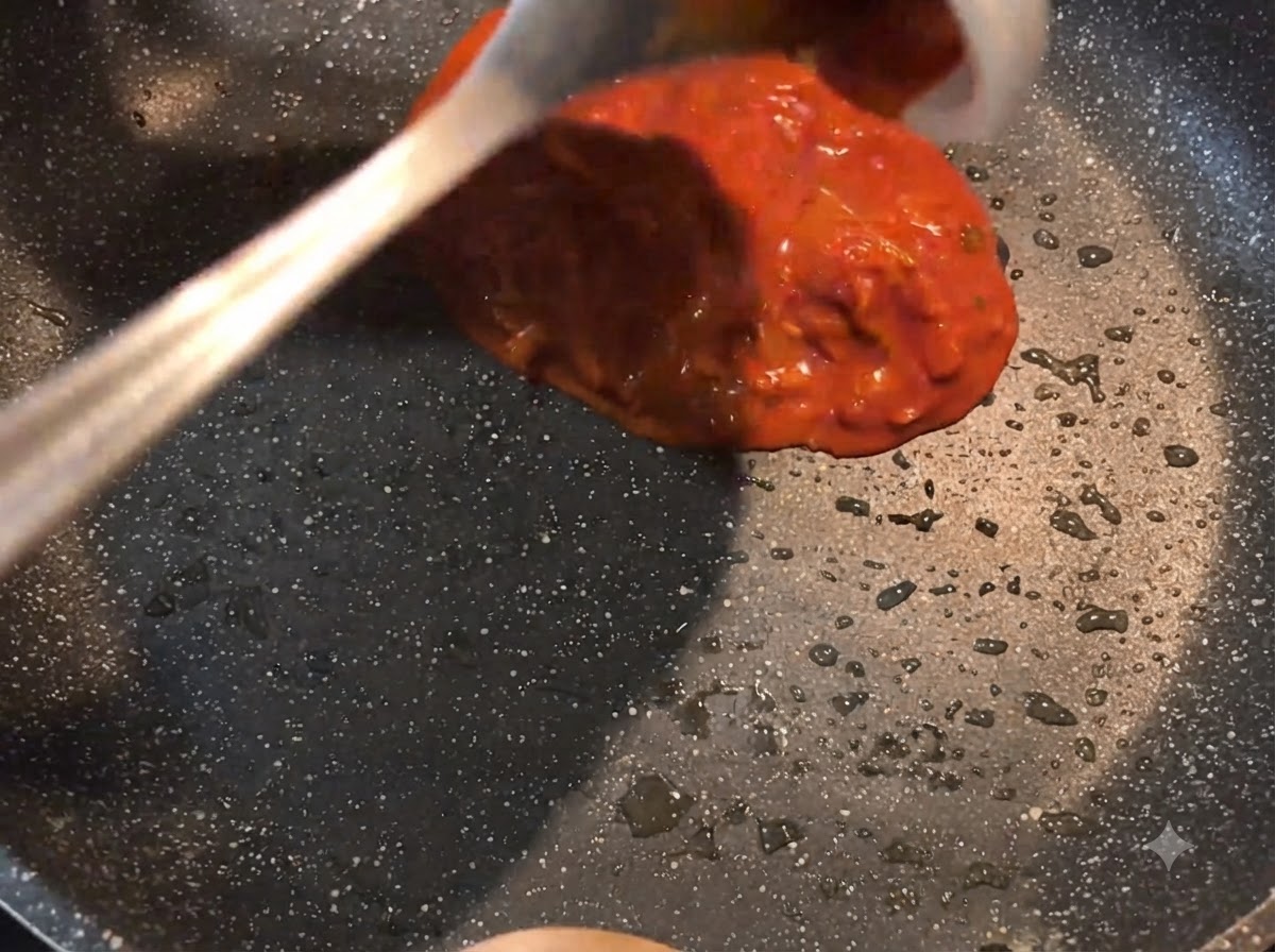 Eine Schöpfkelle gießt eine dicke rote Soßenmischung in eine heiße, geölte Bratpfanne.