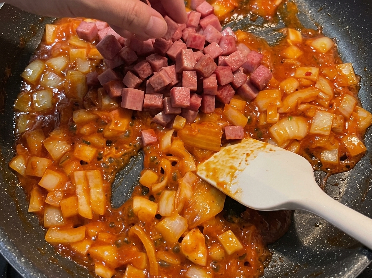 Eine Hand gibt gewürfelten Spam zurück in eine Pfanne gefüllt mit angebratenen Zwiebeln und roter Soße, mit einem Pfannenwender in der Nähe.