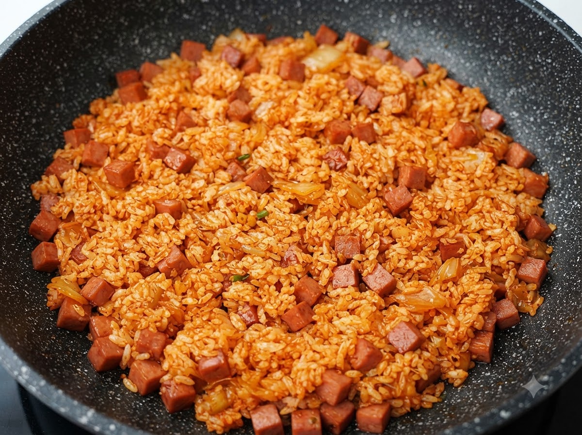 Eine Pfanne voll Kimchi-gebratener-Reis vollständig vermischt mit Soße und gewürfeltem Spam, die eine gleichmäßige orange-rote Farbe zeigt.