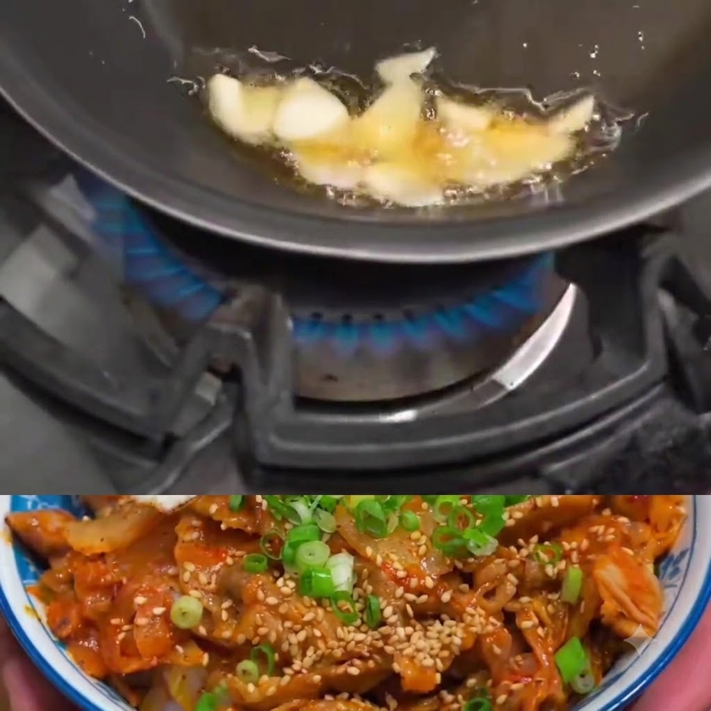 In Scheiben geschnittenes Schweinefleisch wird mit Knoblauch in die Pfanne gegeben und gekocht.