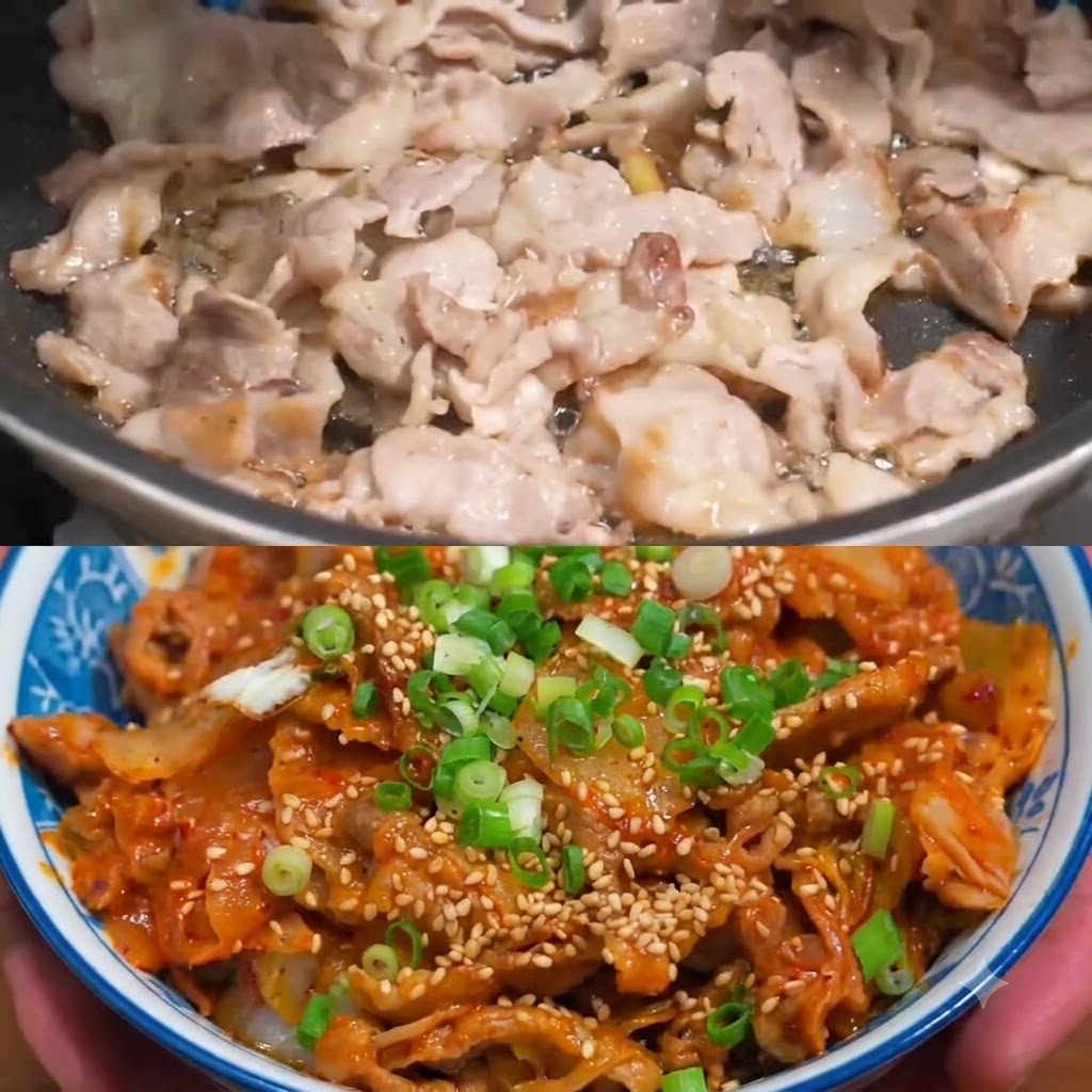 Zwiebelscheiben werden mit dem kochenden Schweinefleisch in der Pfanne vermischt.