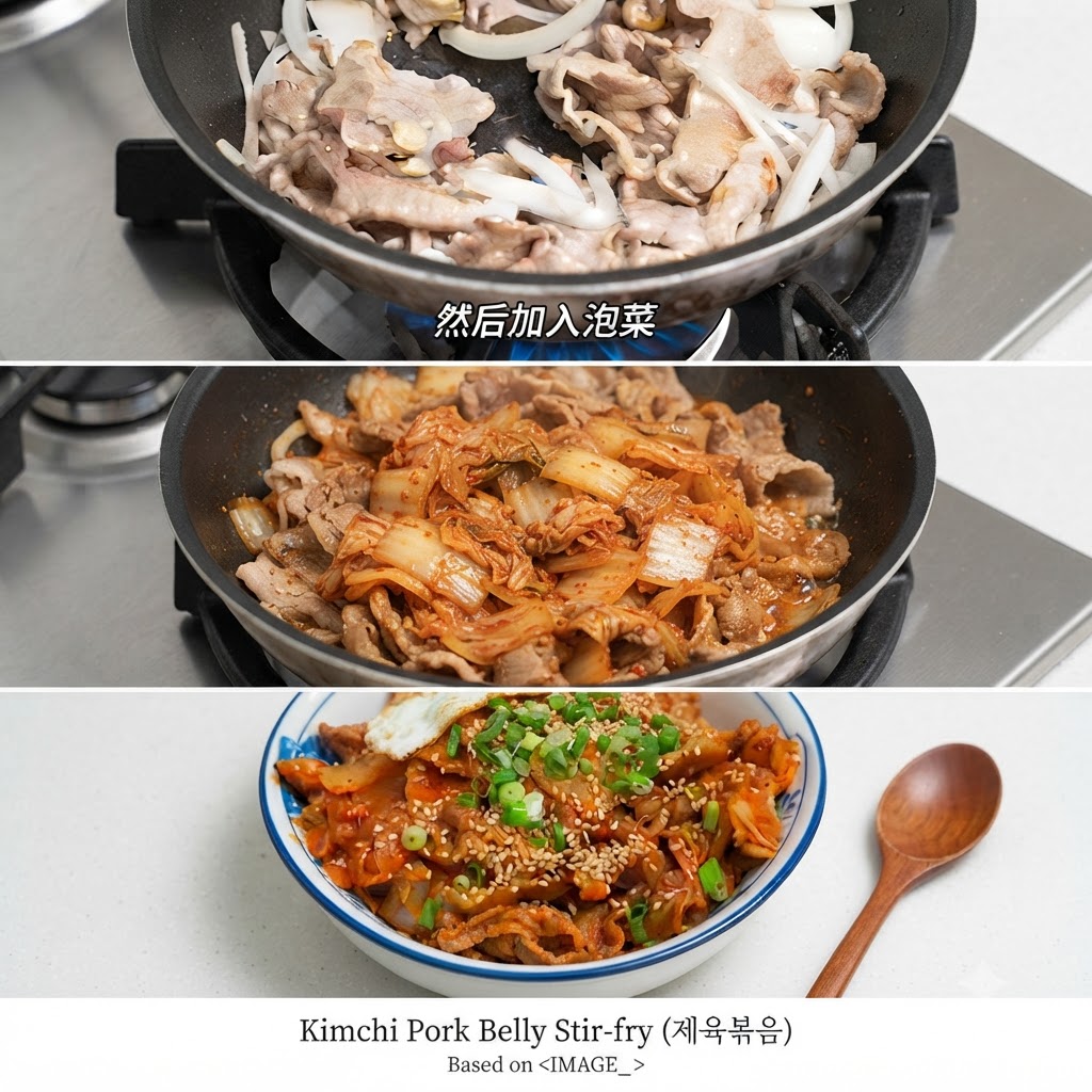 Kimchistücke und roter Saft werden über Schweinefleisch und Zwiebeln in der Pfanne gegossen.