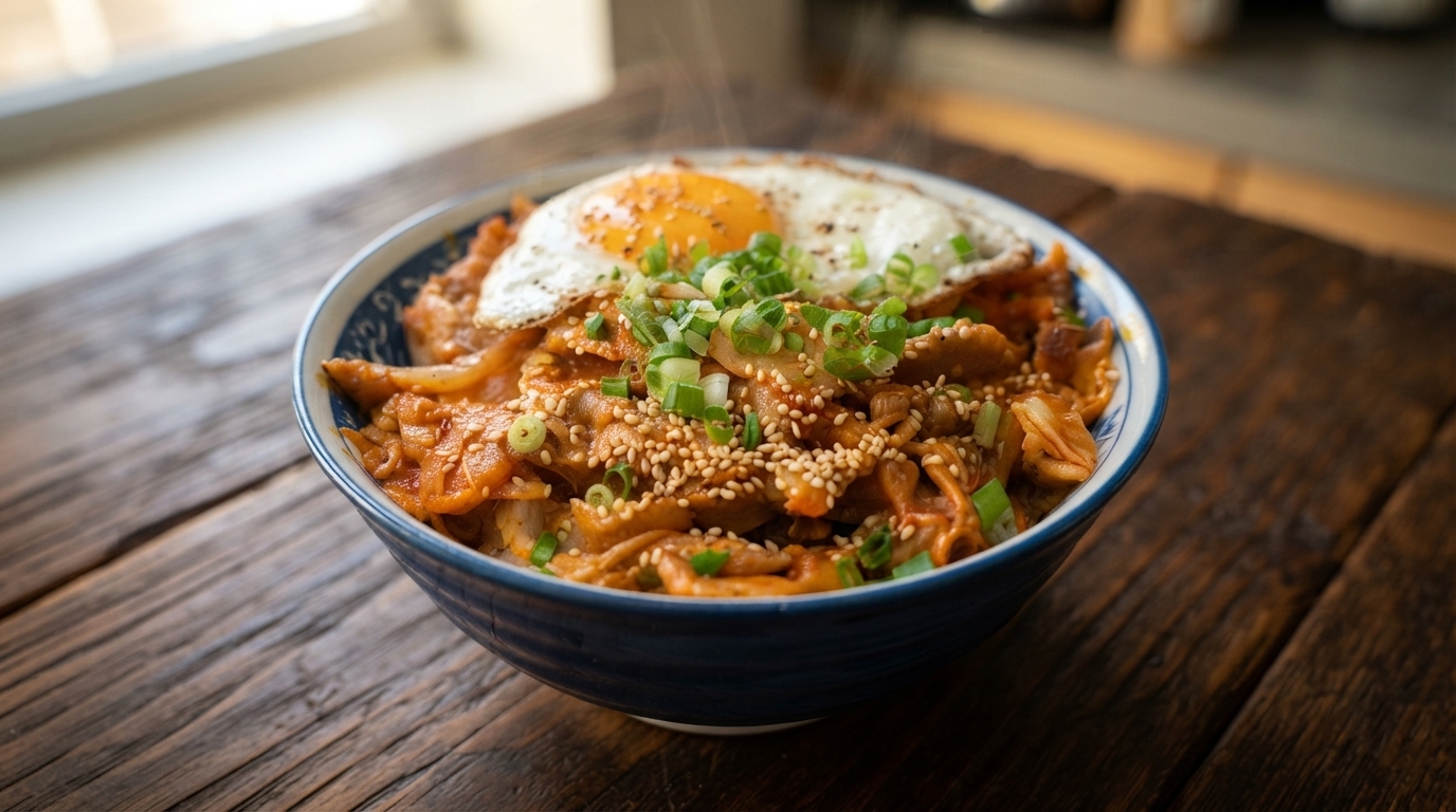 Eine schmackhafte Kimchi-Schweinefleisch-Reisschüssel mit Spiegelei, gehackten Frühlingszwiebeln und gerösteten Sesamsamen in einer blau gemusterten Schüssel.