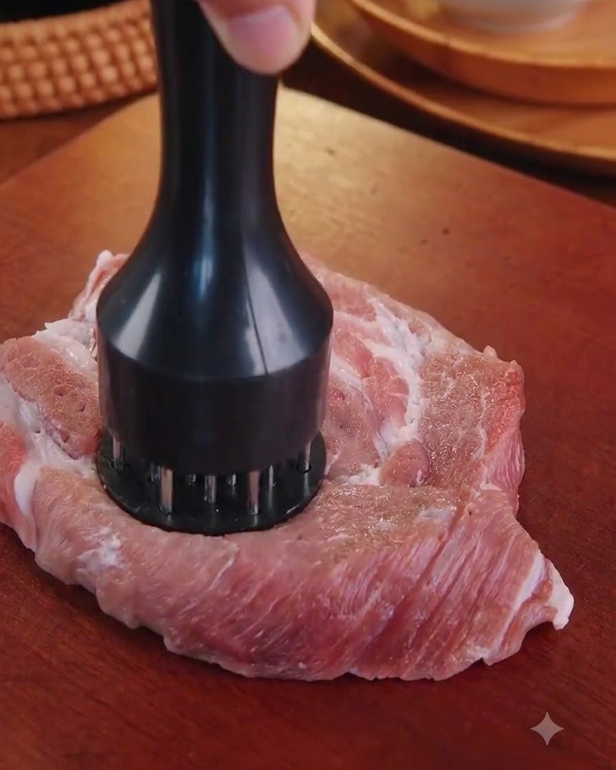 Ein rohes Stück Schweinenacken wird mit einem schwarzen Fleischklopfer auf einem Holzbrett geklopft.