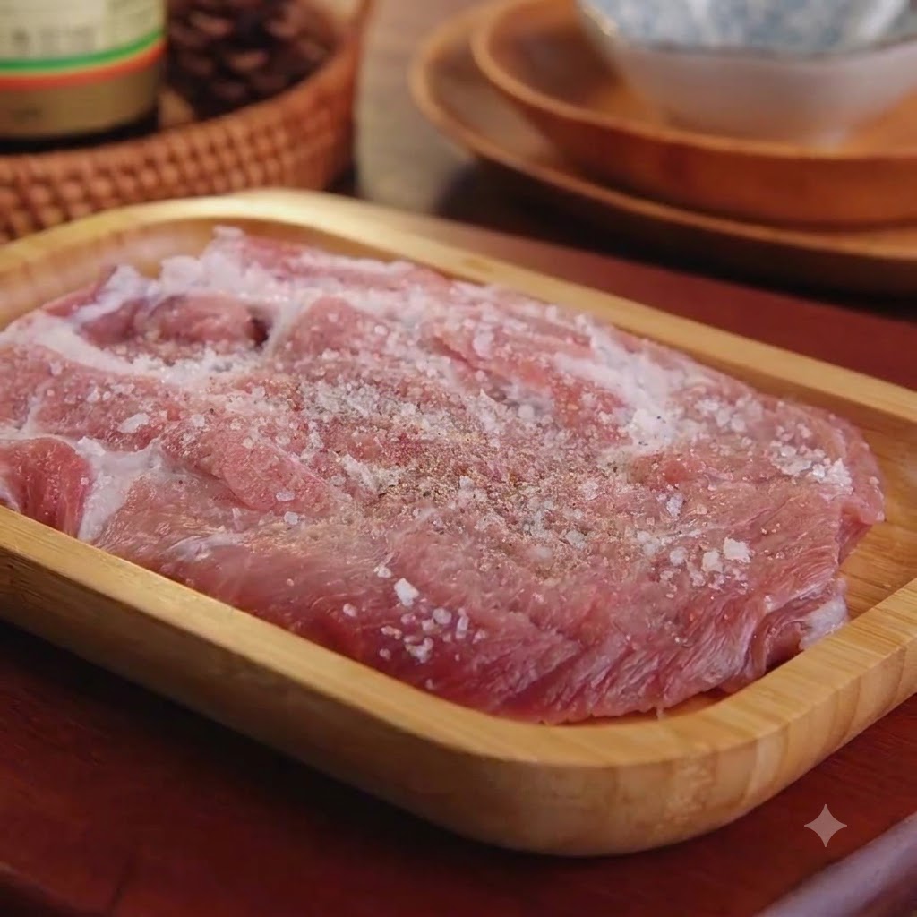 Ein rohes Schweineschnitzel, gewürzt mit grobem Salz und Pfeffer, liegt in einer Holzkiste.