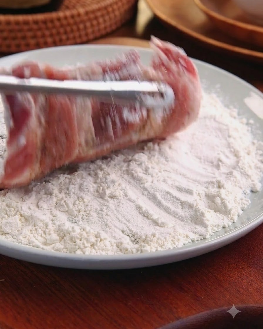 Ein in weißem Mehl gewendetes Schweineschnitzel wird mit einer Zange aus einem Teller voller Mehl gehoben.