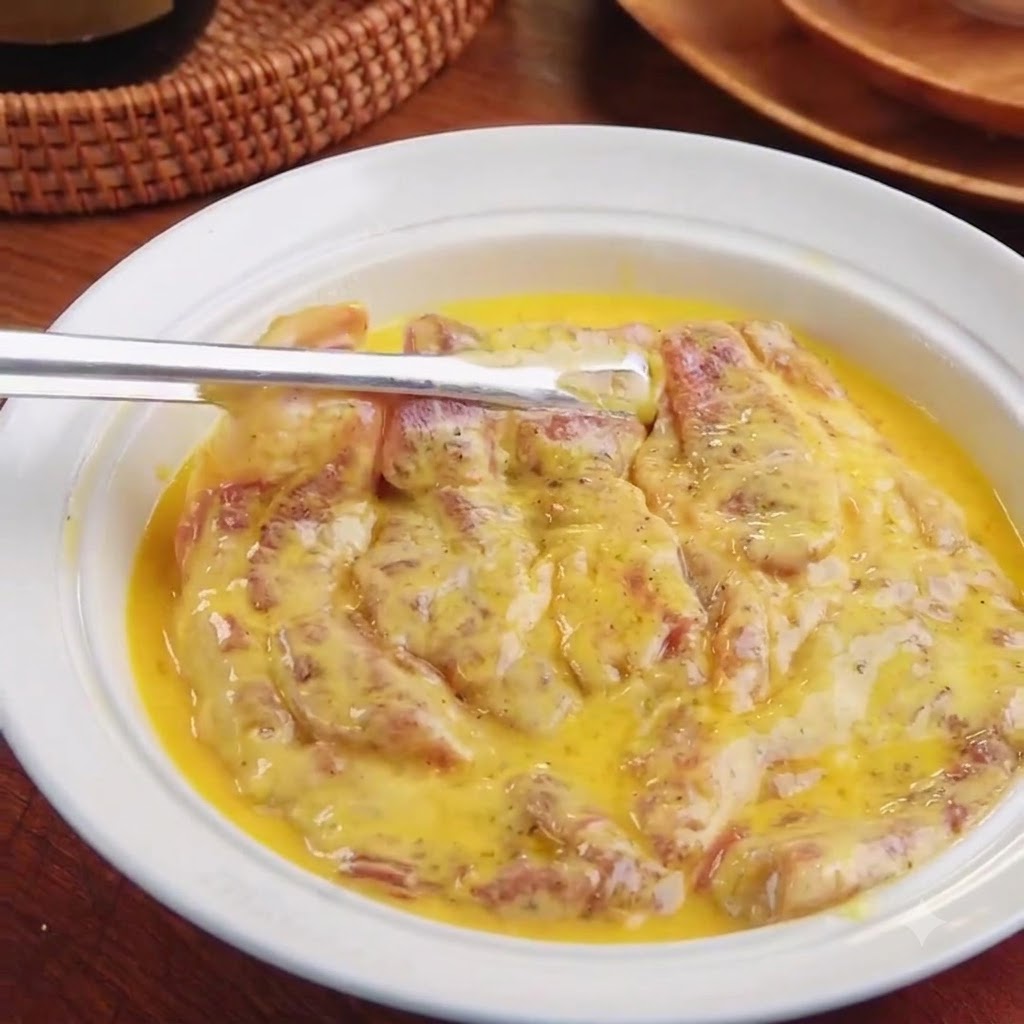 Das mehlierte Schweineschnitzel wird in eine flache Schüssel mit verquirlter gelber Eimasse getaucht.
