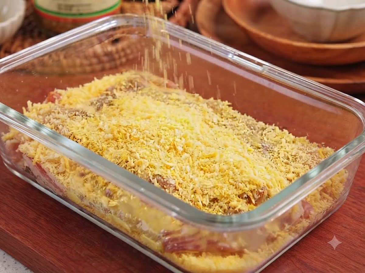 Panko-Paniermehl wird in einem rechteckigen Glasbehälter über das Schweineschnitzel gestreut.