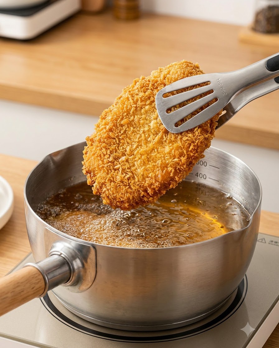 Ein paniertes Schweineschnitzel wird mit einer Zange in einen Topf mit heißem Frittieröl gelassen.