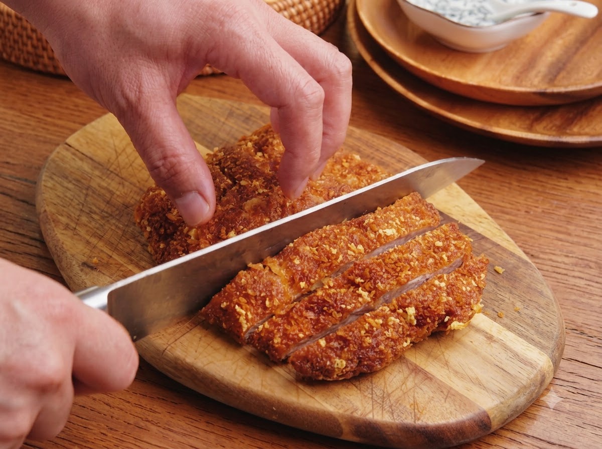 Ein Koch schneidet ein goldbraun frittiertes Schweineschnitzel auf einem Holzschneidebrett in dicke Streifen.