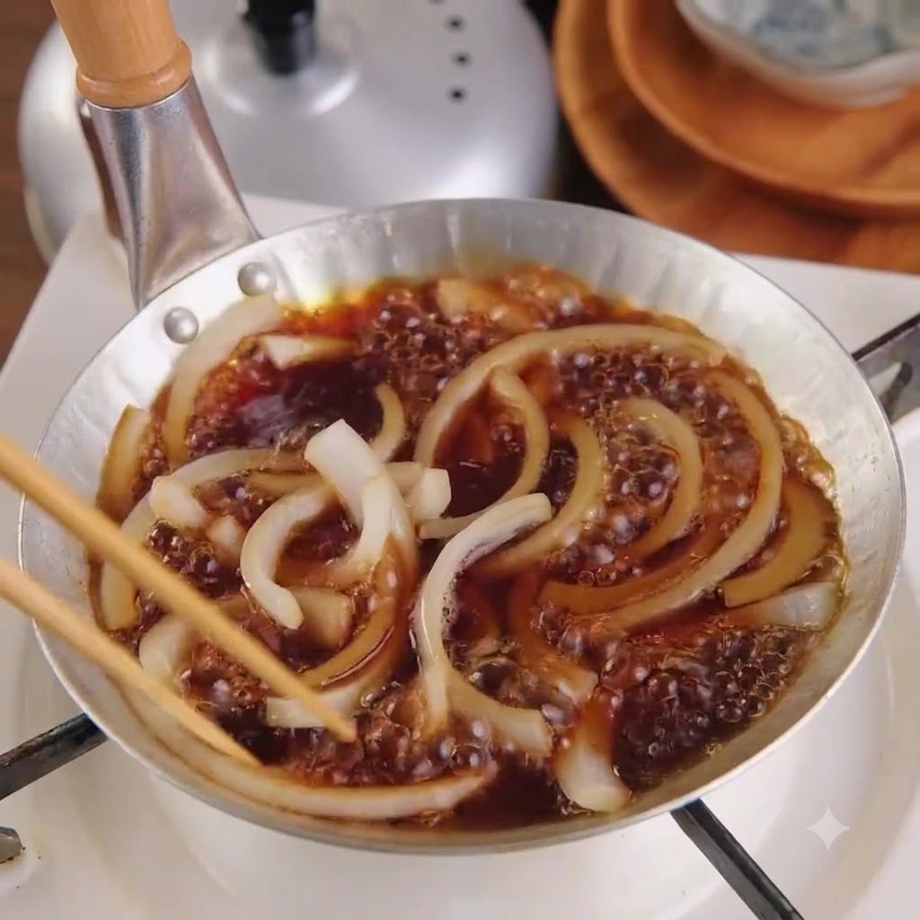 Geschnittene weiße Zwiebeln werden mit Essstäbchen in einer kleinen Pfanne mit köchelnder dunkler Sauce umgerührt.