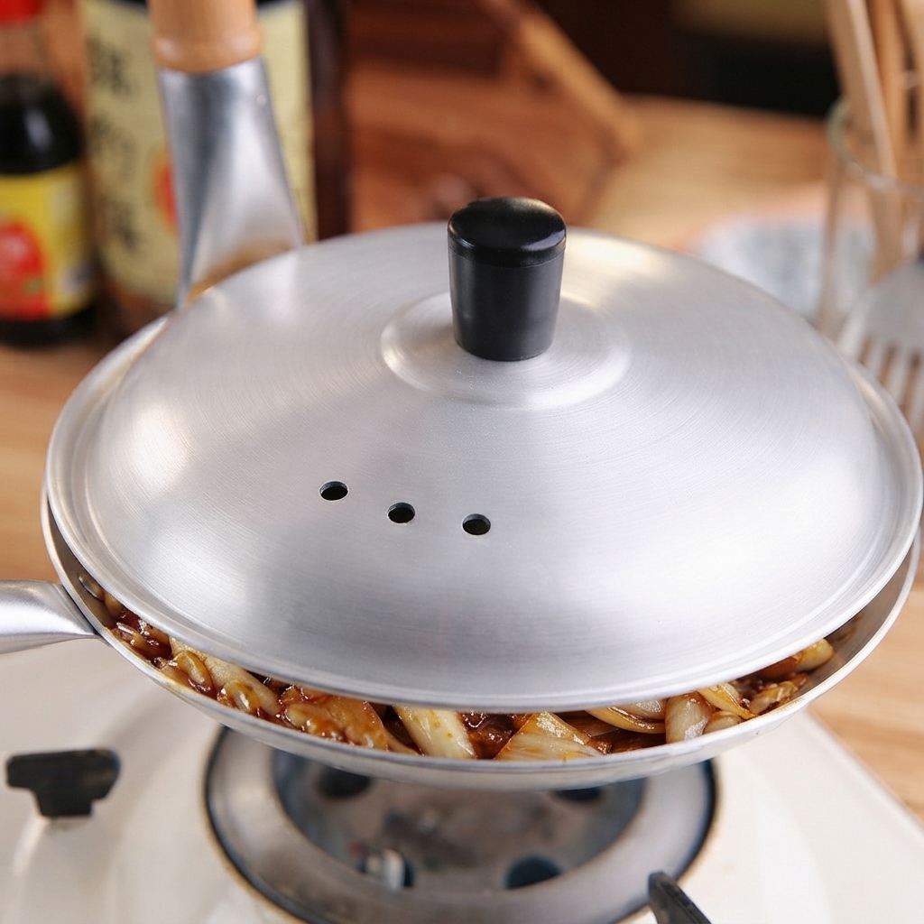Ein Metalldeckel wird auf eine kleine Kochpfanne mit dem schmorenden Schweine- und Eiergericht gelegt.