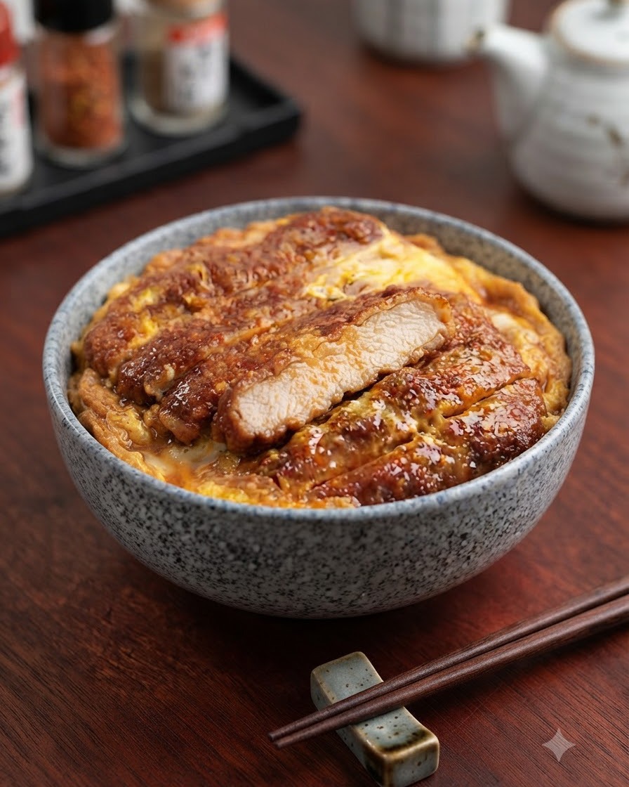 Eine fertige japanische Schweineschnitzel-Reisschüssel, garniert mit Frühlingszwiebeln, serviert in einer gesprenkelten Keramikschüssel.