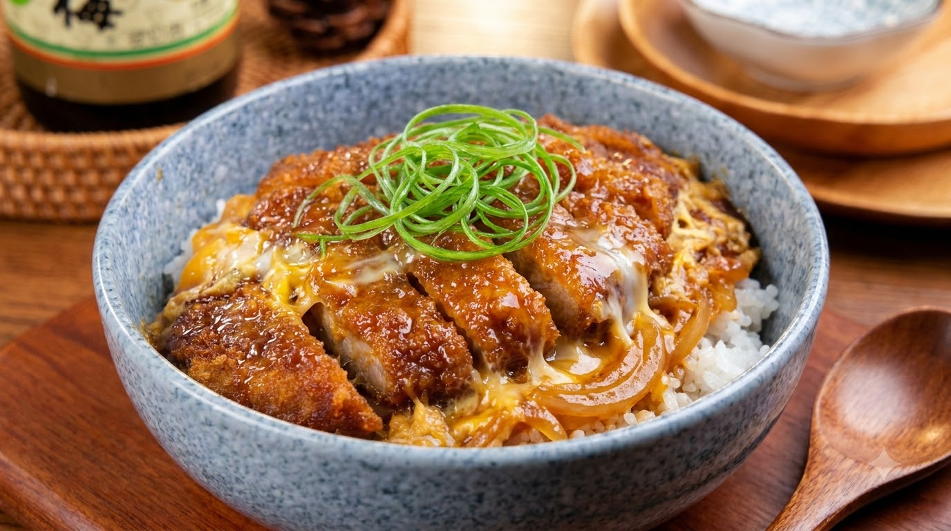 Klassisches Japanisches Katsudon (Schweineschnitzel-Reisschüssel)