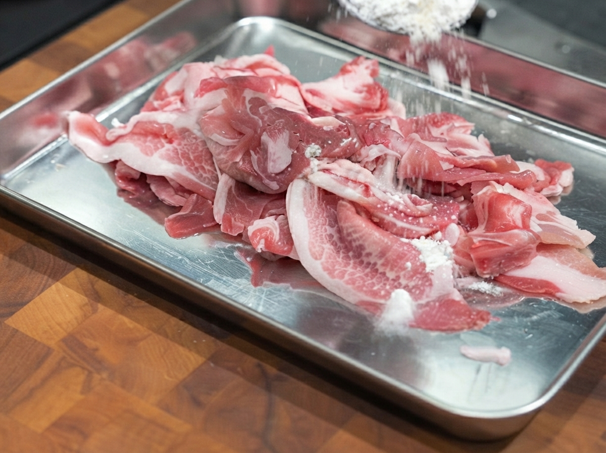 Dünn geschnittenes Schweinefleisch auf einem Metalltablett mit Mehl bestreut.