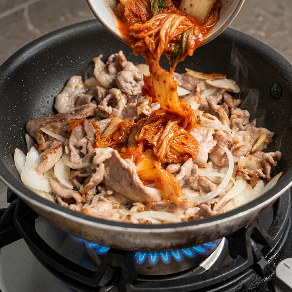 Rotes fermentiertes Kimchi und Saft werden in die Pfanne gegossen.