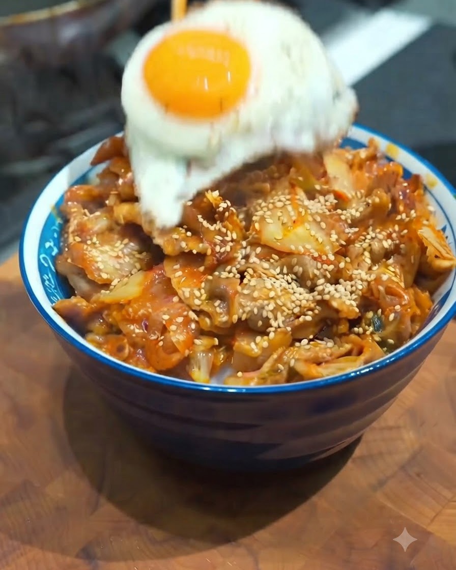 Ein frisch gebratenes Ei wird auf die Kimchi-Schweinefleisch-Reisschüssel gelegt.